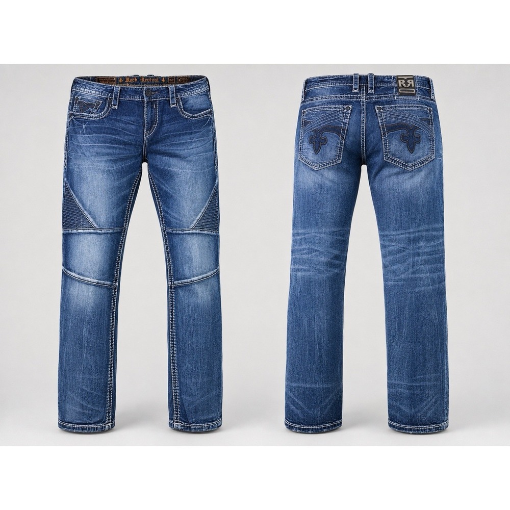 Rock Revival jeans men 42 slim straight biker moto thick stitch whiskering